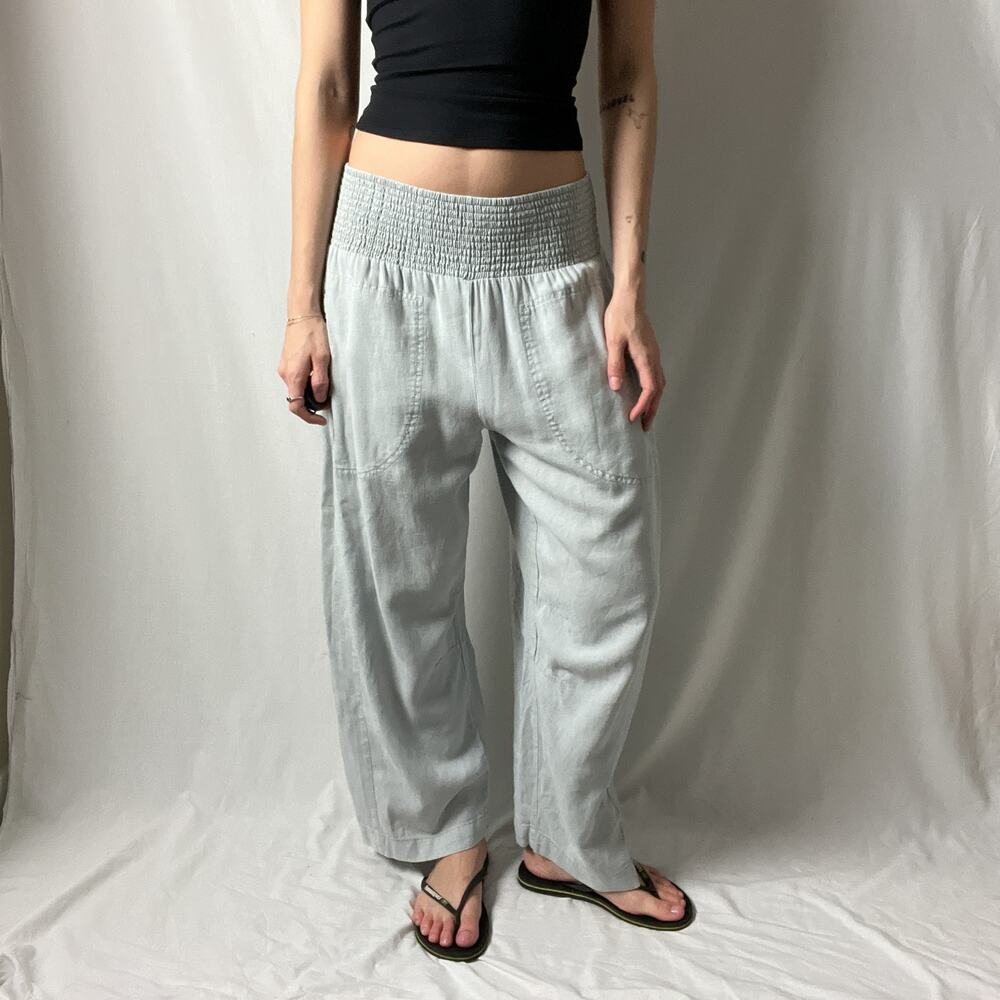 pilcro anthro reese blue linen smocked relaxed barrel wide leg pull on pants